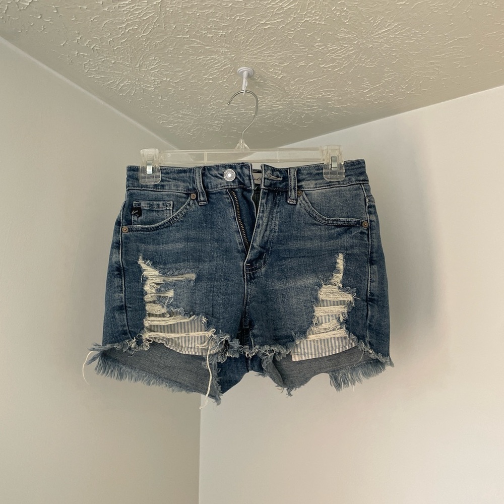 KanCan Distressed Denim Shorts With Exposed Striped Pockets and Frayed Hem